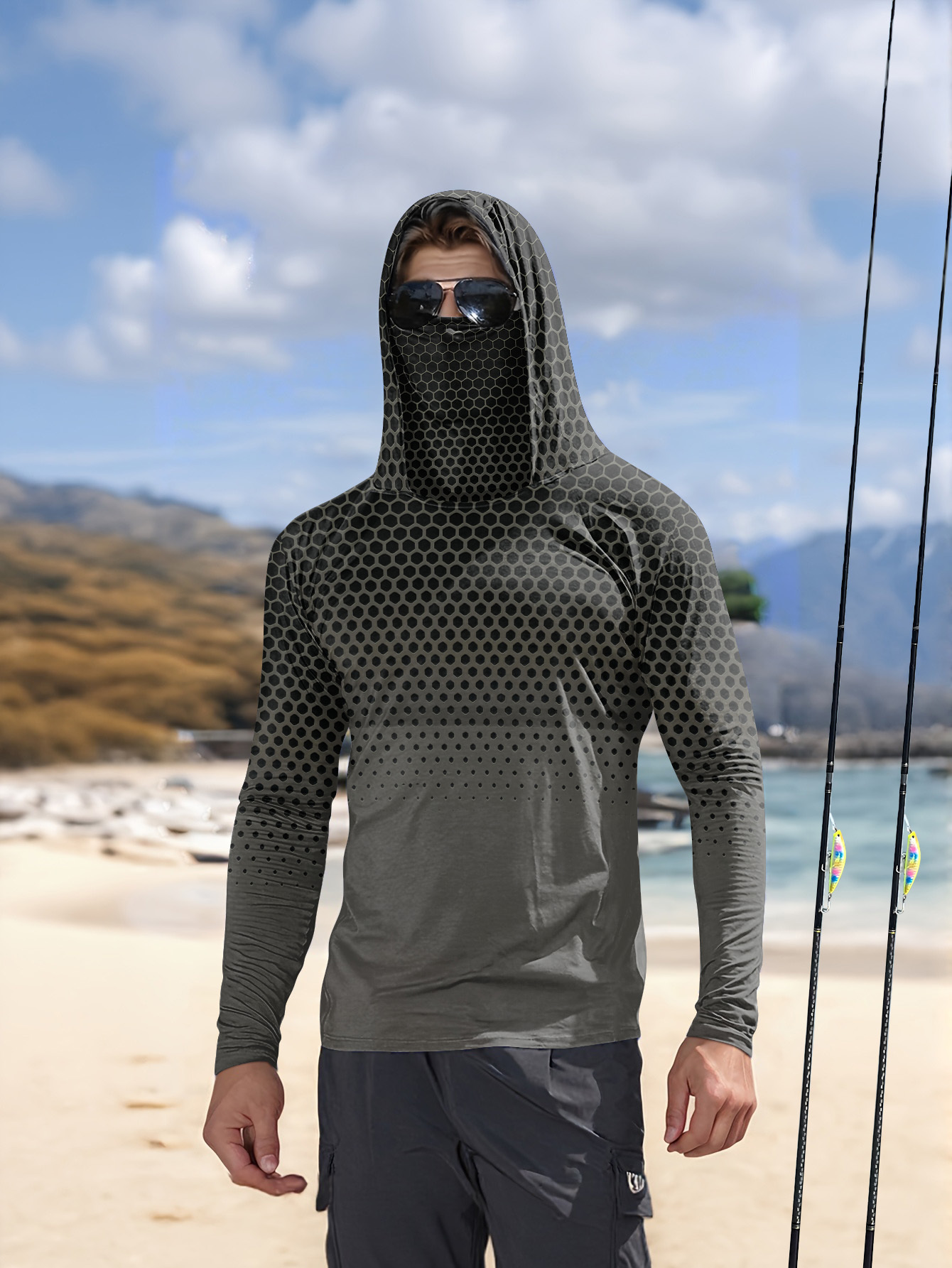 Grey Gradient Honeycomb Men Fi - Fishing Hoodie ulasan dan harga